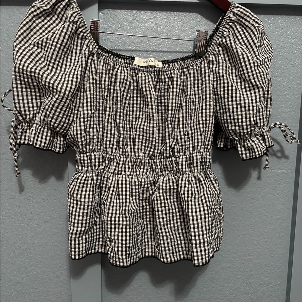 Black and White Smocked Puff Sleeve Blouse